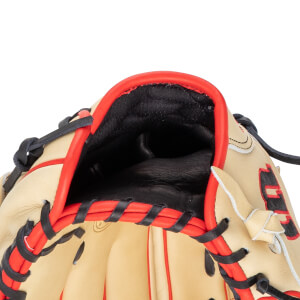 Close-up of the interior of a baseball glove, showing black padding and red trim.
