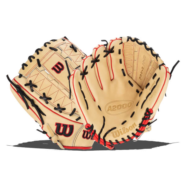 Front view of a tan baseball glove with red stitching, black lacing, and "A2000" and "Wilson" logos.