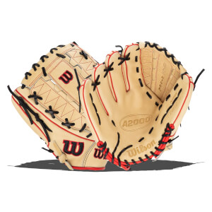 Front view of a tan baseball glove with red stitching, black lacing, and "A2000" and "Wilson" logos.