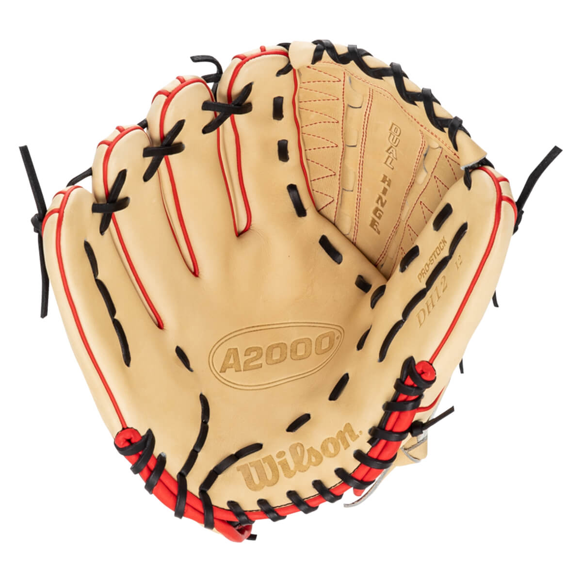Top-down view of a tan baseball glove with red lacing and black accents, showing the "A2000" logo.