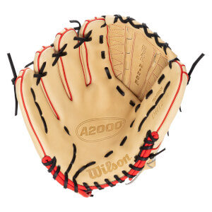 Top-down view of a tan baseball glove with red lacing and black accents, showing the "A2000" logo.
