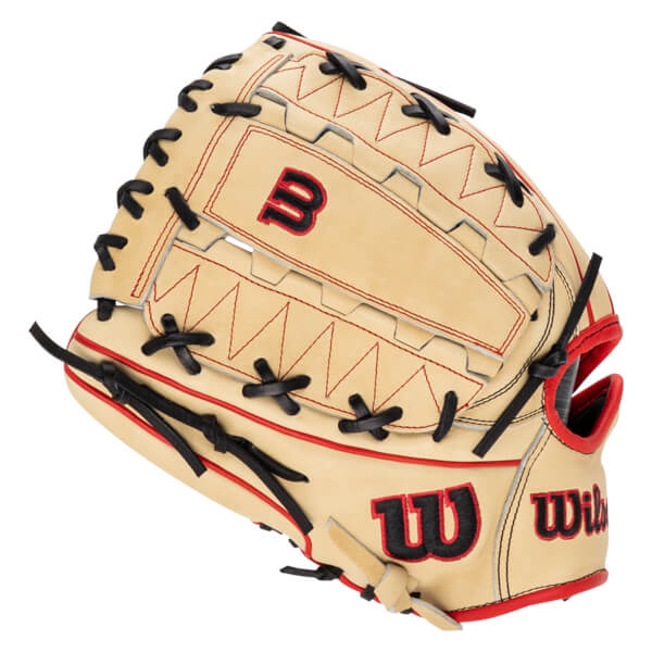 Top-down view of a tan baseball glove with black lacing, red stitching, and a black "W" logo.