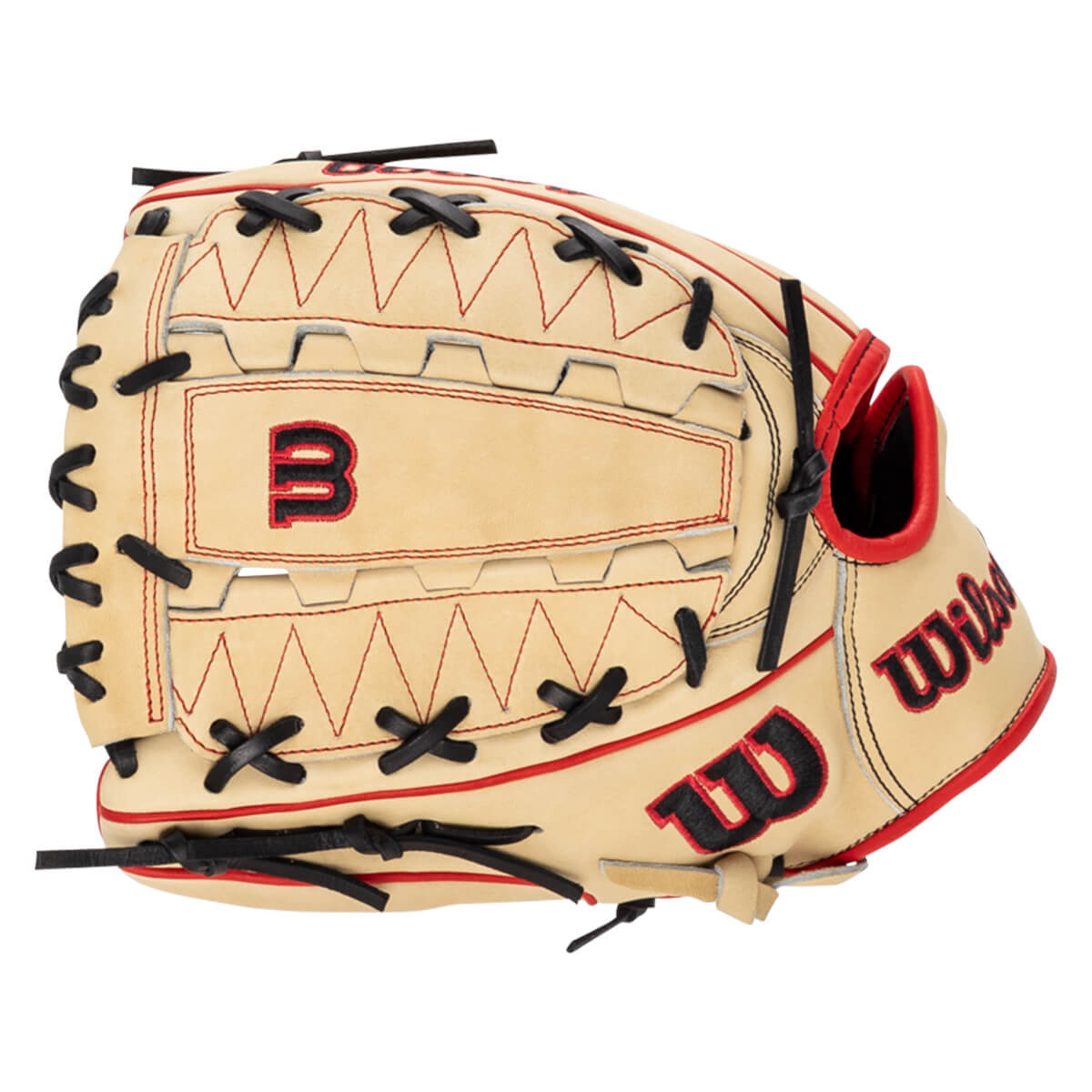 Side view of a tan baseball glove with red stitching, black laces, and "B" and "Wilson" logos.