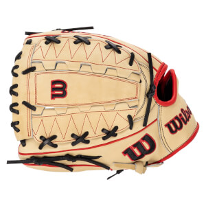 Side view of a tan baseball glove with red stitching, black laces, and "B" and "Wilson" logos.