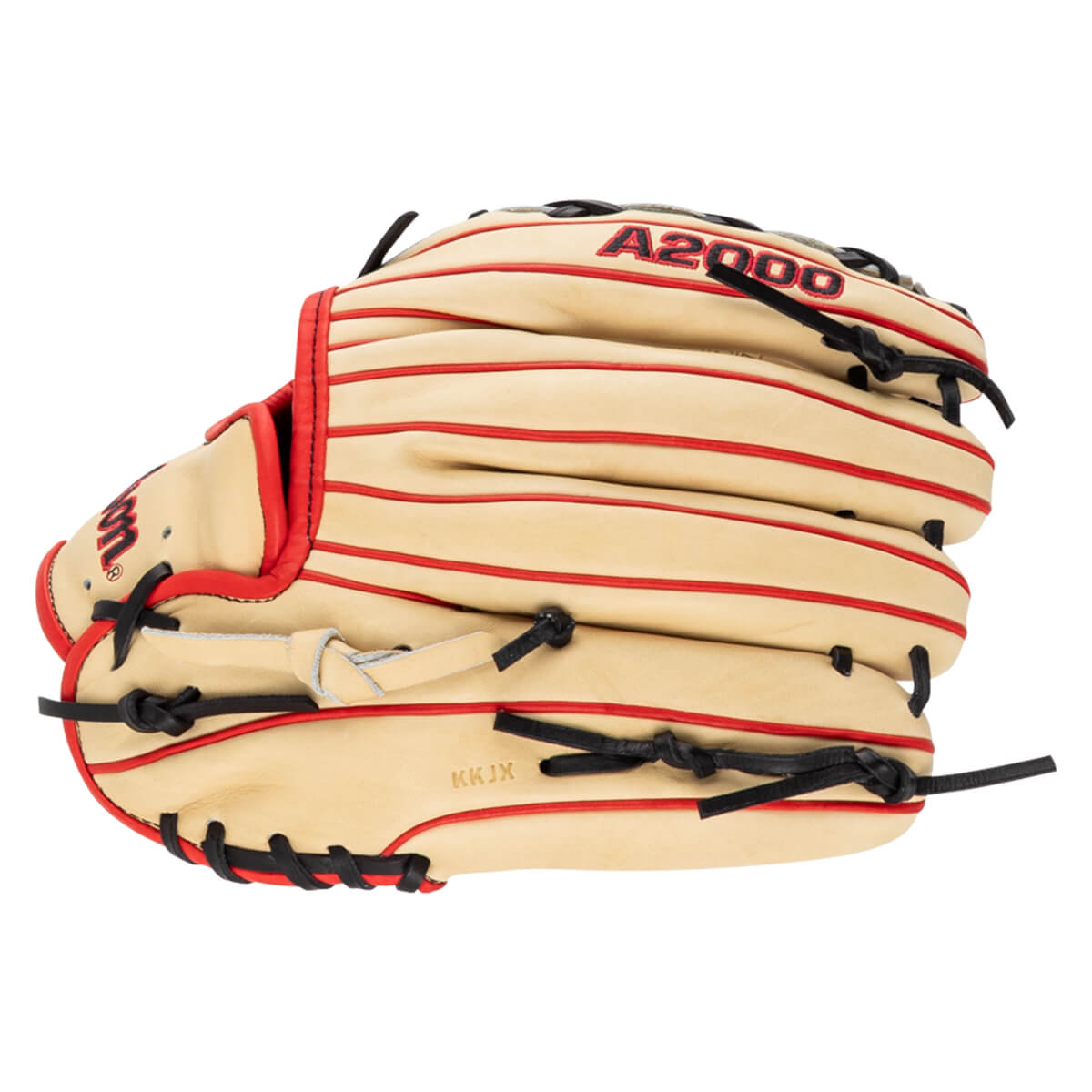 Side view of a tan baseball glove with red lacing and "A2000" text.