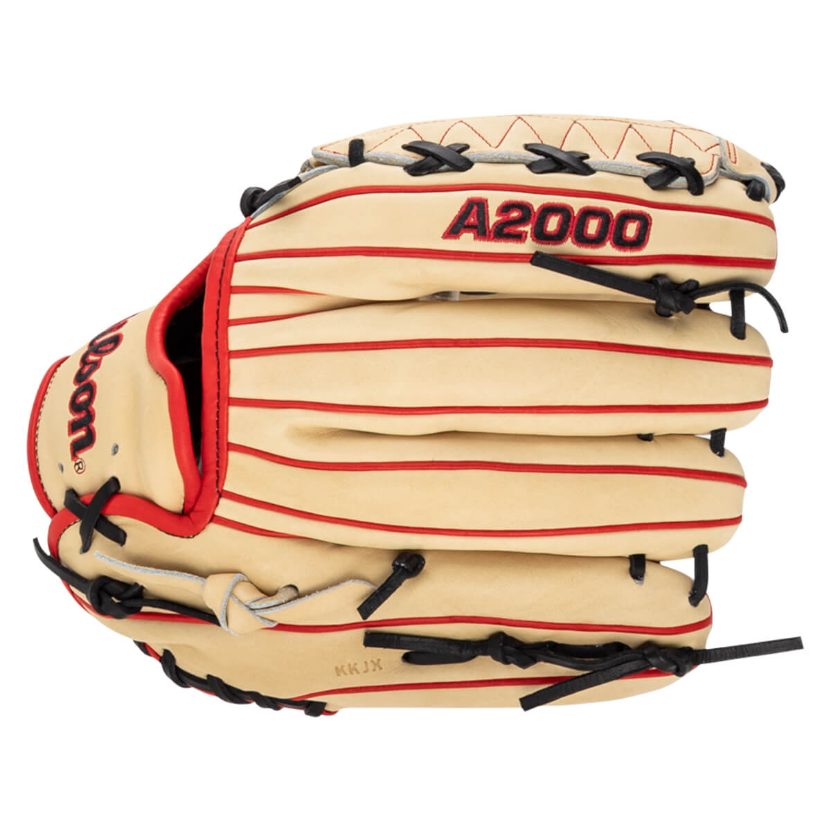 Top-down view of a tan baseball glove with red piping, black lacing, and "A2000" embroidered in red.