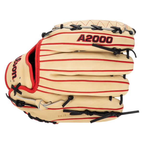 Top-down view of a tan baseball glove with red piping, black lacing, and "A2000" embroidered in red.