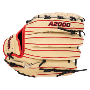Top-down view of a tan baseball glove with red piping, black lacing, and "A2000" embroidered in red.