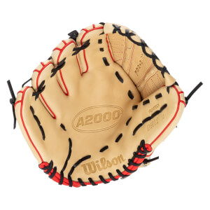 Top-down view of a tan Wilson A2000 baseball glove with red lacing and black accents.