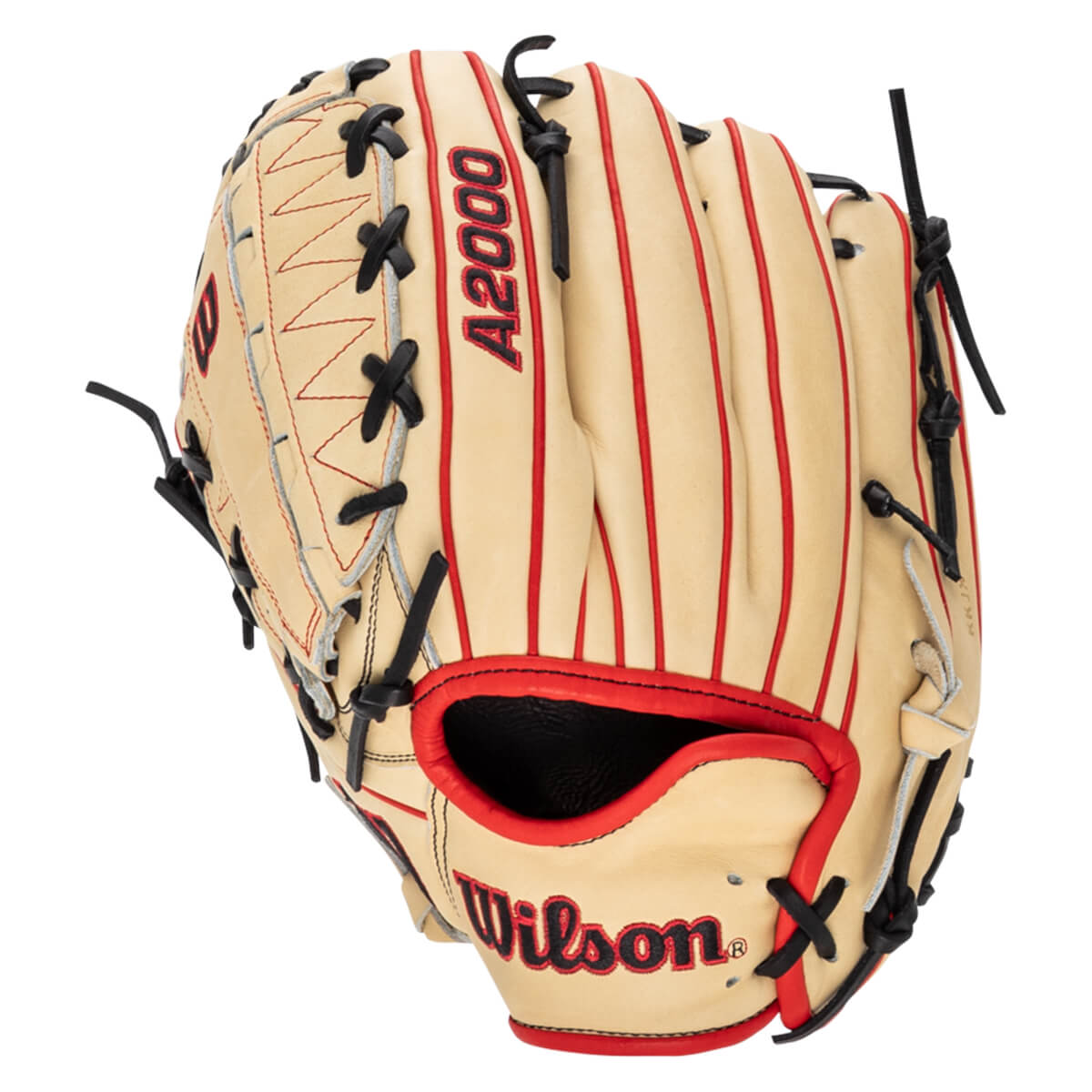Front view of a tan baseball glove with red lacing and red stripes, featuring "A2000" and "Wilson" branding.