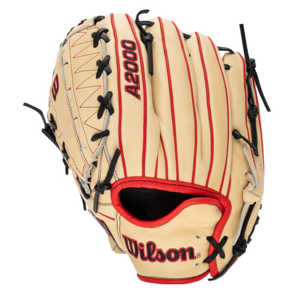 Front view of a tan baseball glove with red lacing and red stripes, featuring "A2000" and "Wilson" branding.