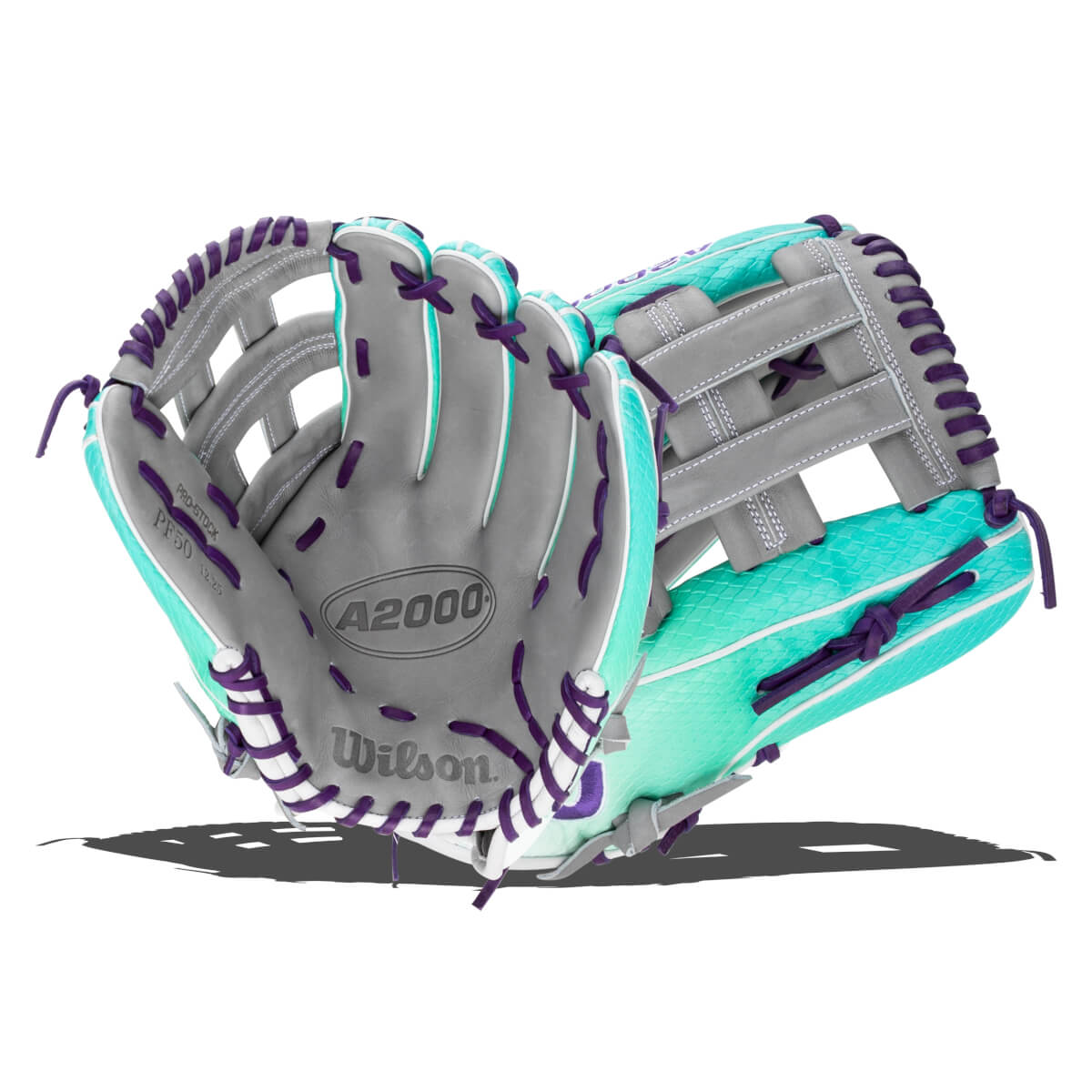 Close-up of a gray Wilson A2000 glove with teal accents and purple lacing.