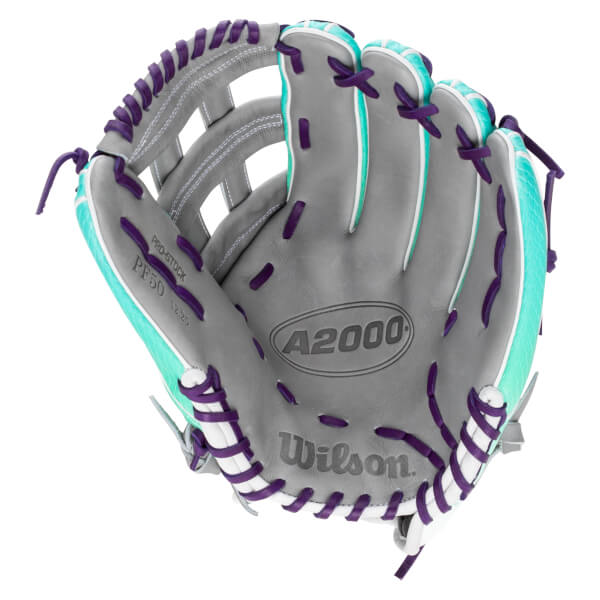 Top-down view of a gray baseball glove with purple and teal lacing, showing the "A2000" and "Wilson" logos.
