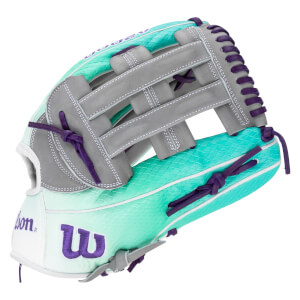 Side view of a teal and white baseball glove with purple lacing and a large purple "W" logo.