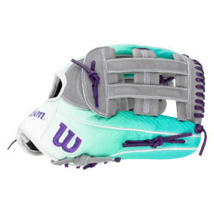 Side view of a white, teal, and gray Wilson baseball glove with purple laces and a large purple "W" logo.