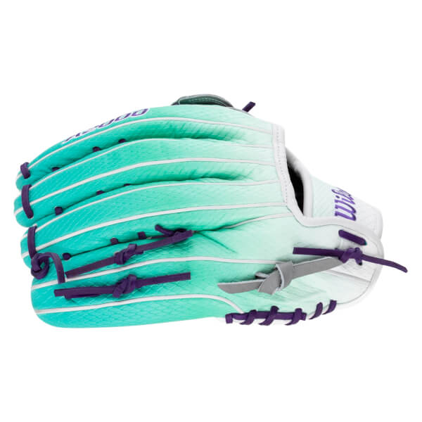 Side view of a teal and white baseball glove with purple lacing and "Wilson" text.