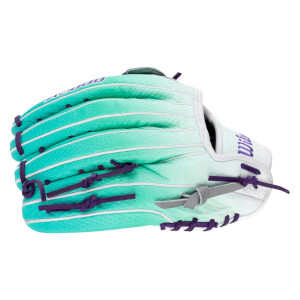 Side view of a teal and white baseball glove with purple lacing and "Wilson" text.