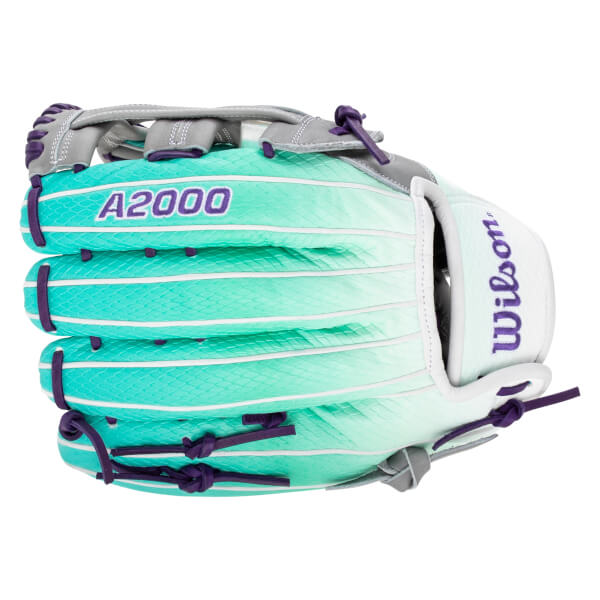 Top-down view of a teal and white baseball glove with purple lacing, showing "A2000" and "Wilson" text.