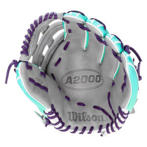 Top-down view of a gray baseball glove with purple and teal lacing, showing the "A2000" and "Wilson" logos.