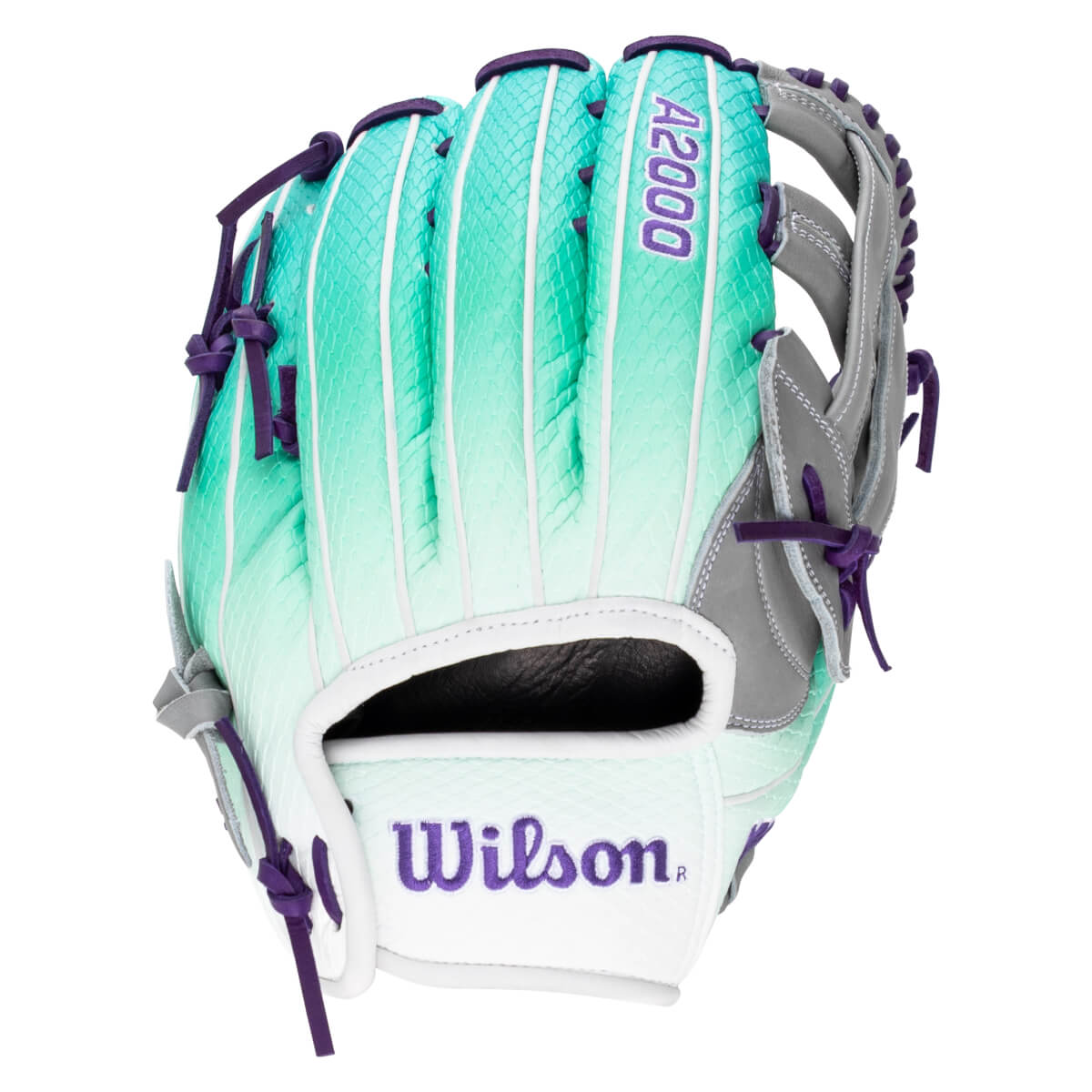 Front view of a teal and white Wilson A2000 baseball glove with purple lacing and stitching.