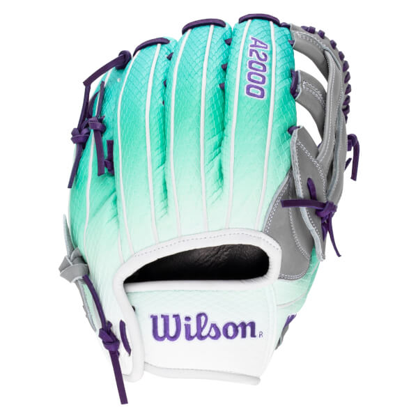 Front view of a teal and white Wilson A2000 baseball glove with purple lacing and stitching.