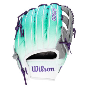 Front view of a teal and white Wilson A2000 baseball glove with purple lacing and stitching.