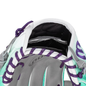 Top-down view of a baseball glove showing white padding, purple lacing, and a teal textured exterior.