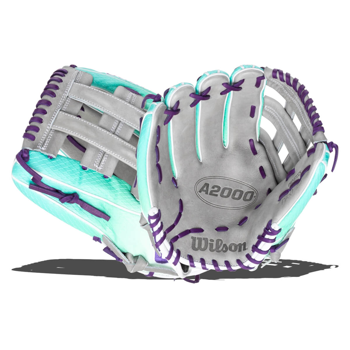 Open view of a gray baseball glove with teal and purple accents, showing the "A2000" and "Wilson" logos.