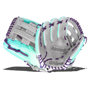 Open view of a gray baseball glove with teal and purple accents, showing the "A2000" and "Wilson" logos.