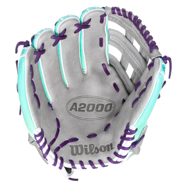 Top-down view of a gray Wilson A2000 baseball glove with purple and teal lacing.