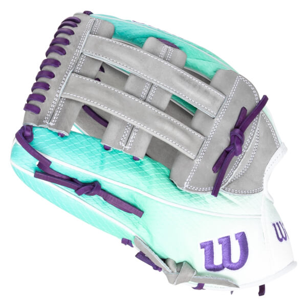 Side view of a baseball glove with teal and white panels, gray lacing, and purple "W" logos.
