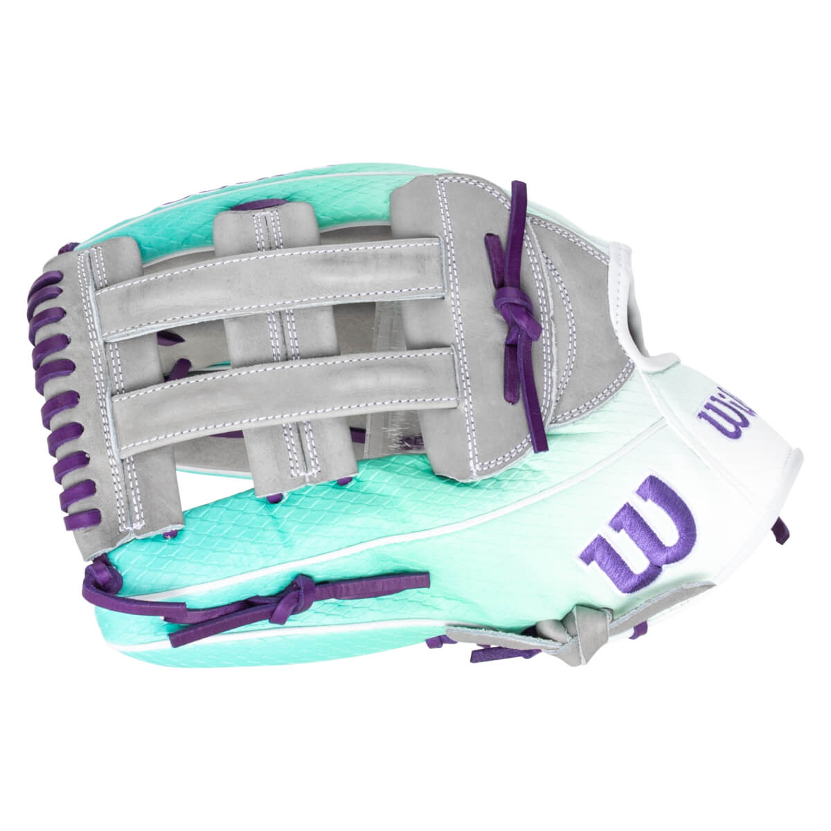Top-down view of a baseball glove with teal, white, and gray panels, purple lacing, and a purple "W" logo.