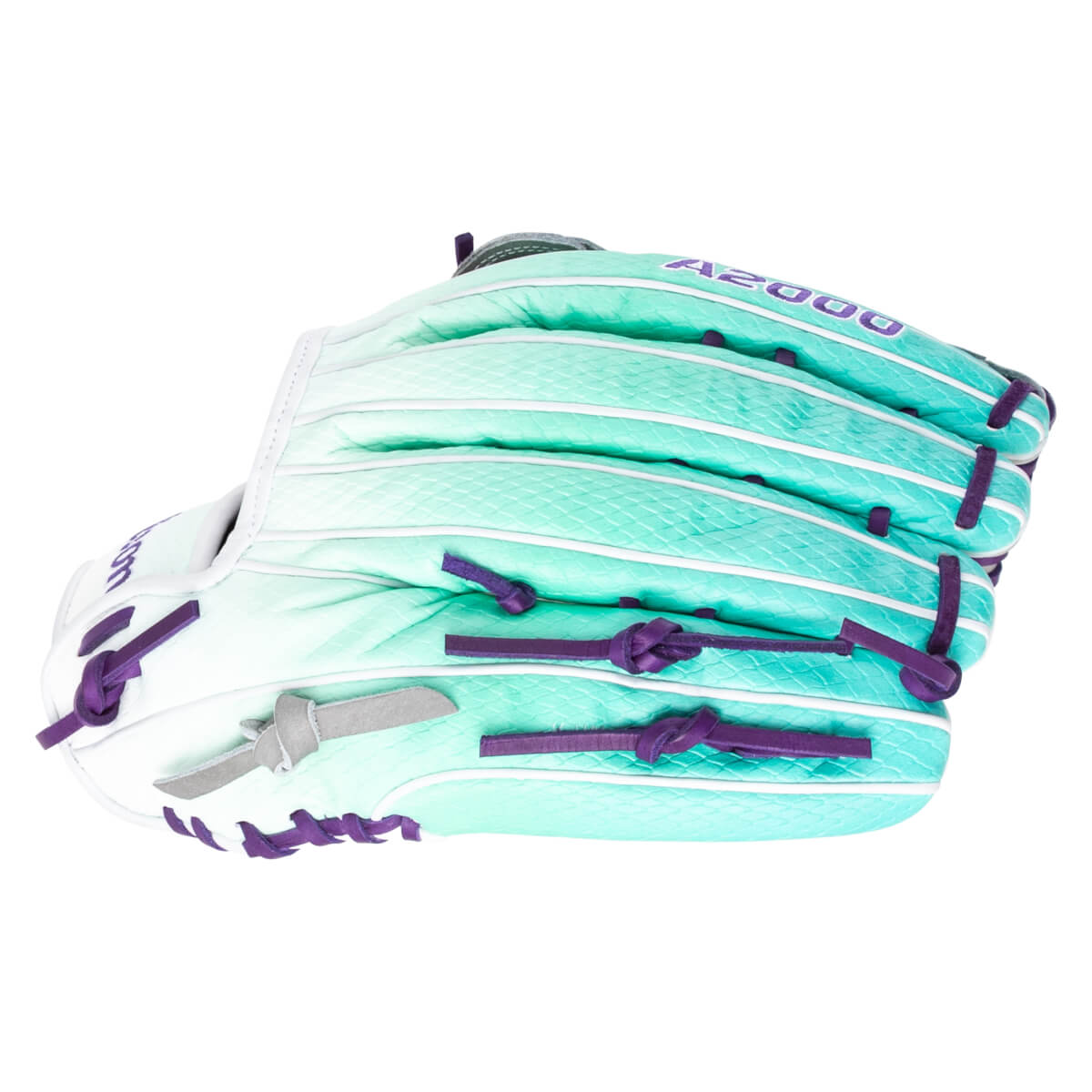 Side view of a white and teal gradient baseball glove with purple lacing and "A2000" text.