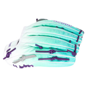 Side view of a white and teal gradient baseball glove with purple lacing and "A2000" text.