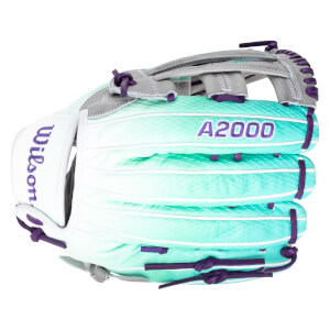 Side view of a Wilson A2000 baseball glove with a white and teal gradient, purple lacing, and "Wilson" text.