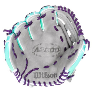 Top-down view of a gray Wilson A2000 baseball glove with purple and teal lacing.