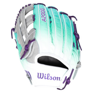 Front view of a baseball glove with a gradient of teal and white, purple lacing, and "A2000" and "Wilson" text.