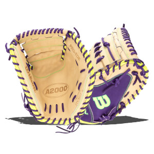 Open view of a tan baseball glove with purple and neon yellow lacing, showing the "A2000" and "PRO-TOE" logos.