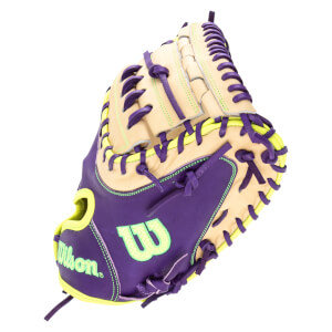 Side view of a purple and tan baseball glove with neon green stitching and "Wilson" text.