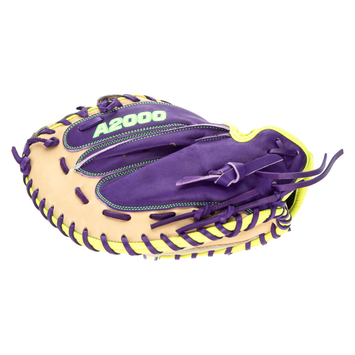 Side view of a purple and tan baseball glove with neon green "A2000" text and yellow lacing.