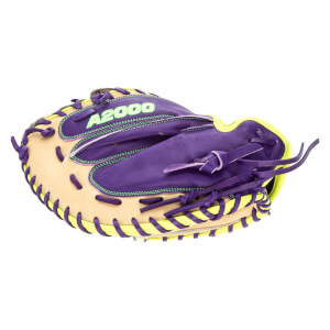 Side view of a purple and tan baseball glove with neon green "A2000" text and yellow lacing.