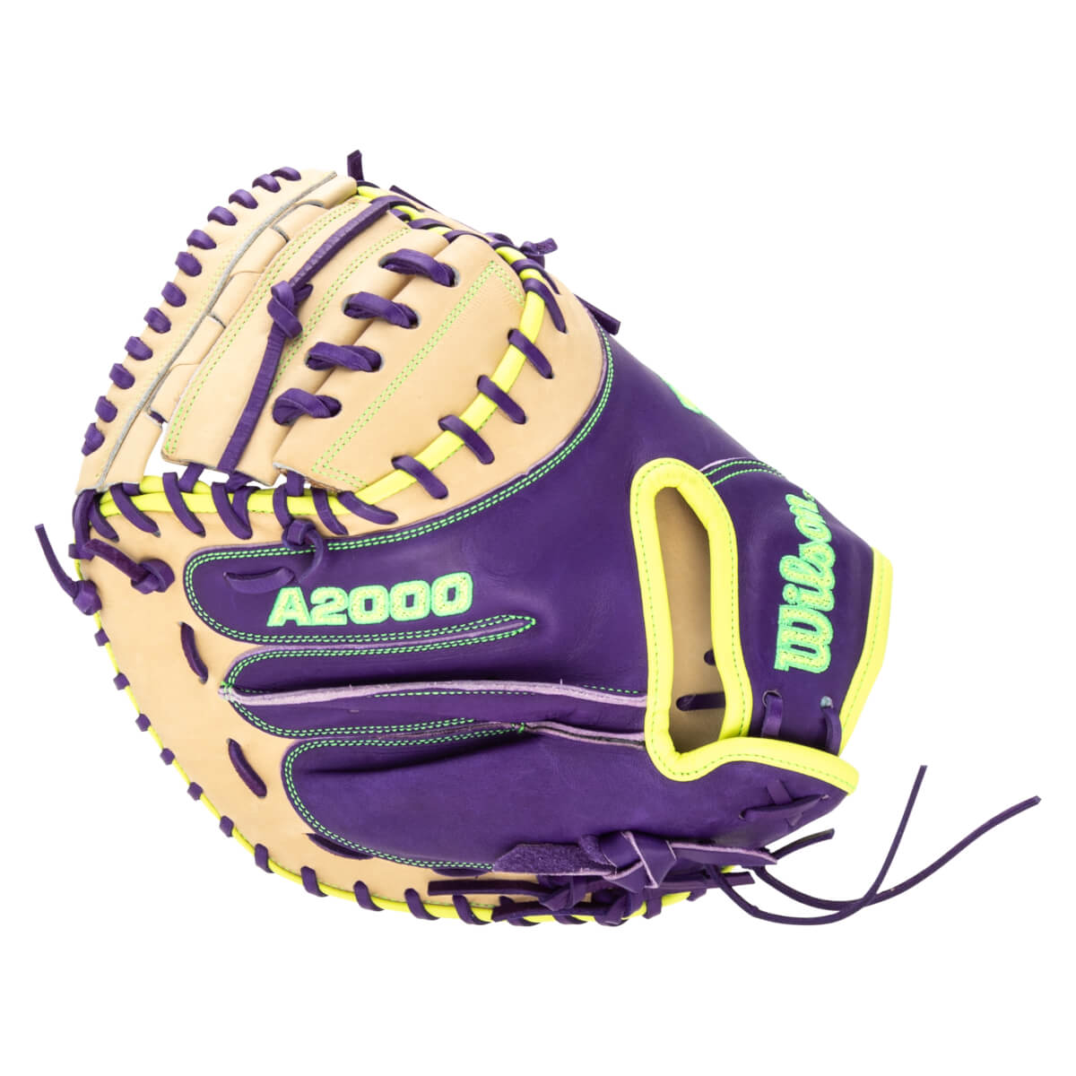 Top-down view of a purple and tan Wilson A2000 baseball glove with neon green stitching and laces.