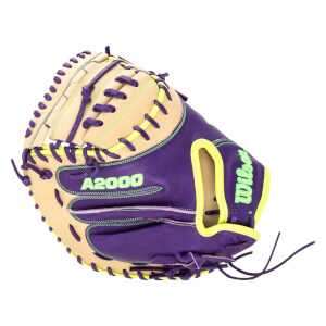 Top-down view of a purple and tan Wilson A2000 baseball glove with neon green stitching and laces.