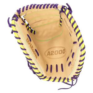 Top-down view of a tan baseball glove with purple and yellow lacing, showing the "Wilson" logo and "A2000" branding.