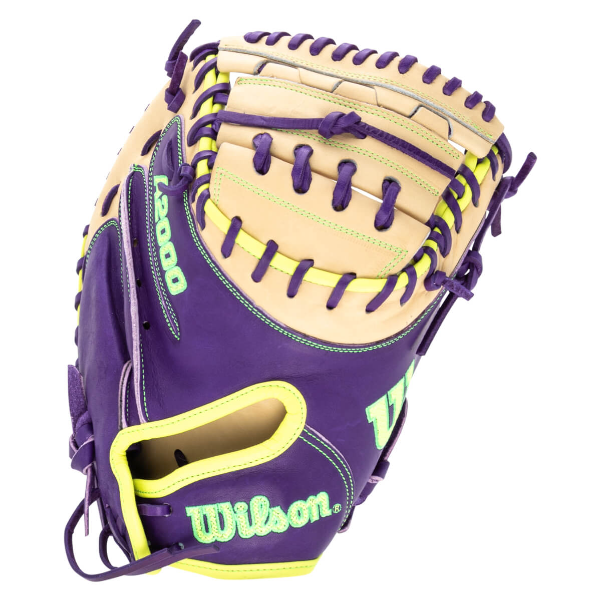 Front view of a purple and tan baseball glove with neon green stitching and "Wilson" logo.