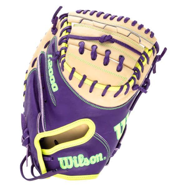 Front view of a purple and tan baseball glove with neon green stitching and "Wilson" logo.