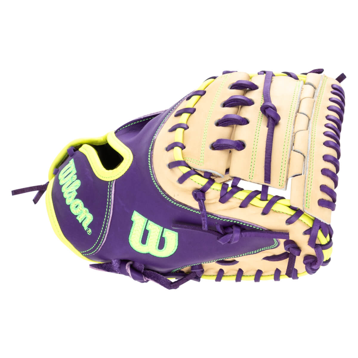 Side view of a purple and tan Wilson baseball glove with neon green stitching and a neon green "W" logo.