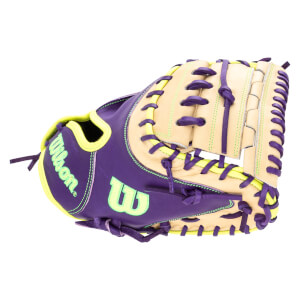 Side view of a purple and tan Wilson baseball glove with neon green stitching and a neon green "W" logo.