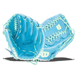 Top-down view of two blue baseball gloves with aqua lacing and white trim, showing "A2000" and "Wilson" logos.