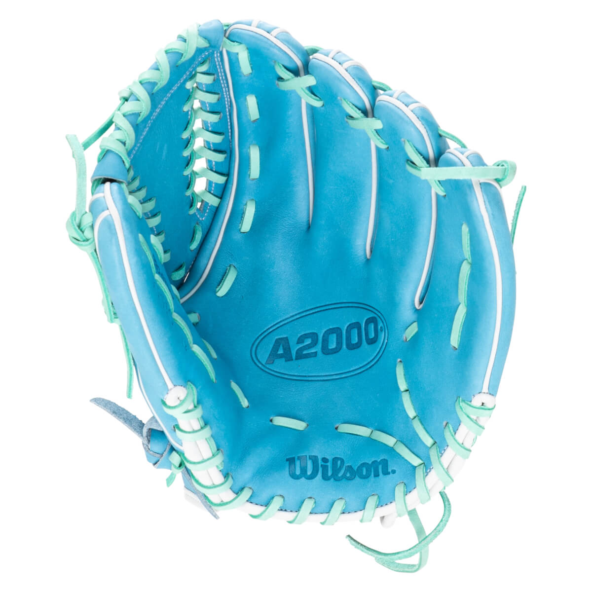 Front view of a blue Wilson A2000 baseball glove with white and mint green lacing.